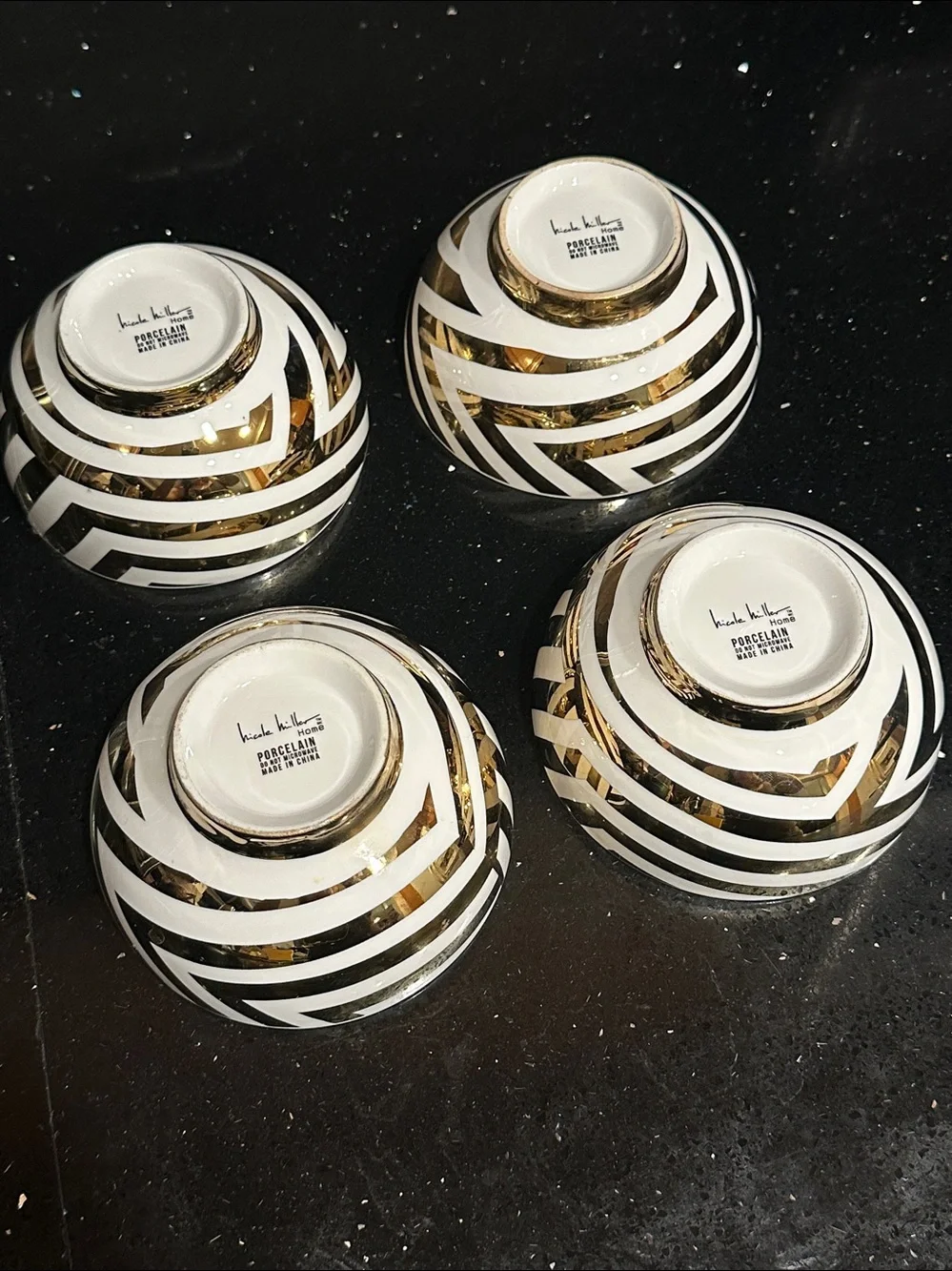Set of 4 Nicole Miller Home White & Glossy Gold Chevron Striped Porcelain Bowls